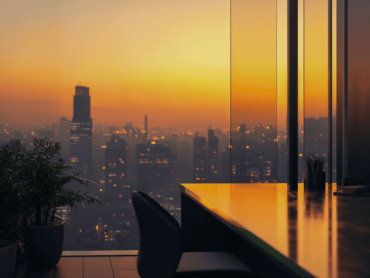 Modern office interior with sunset light, symbolising productivity and clarity in business accounting.