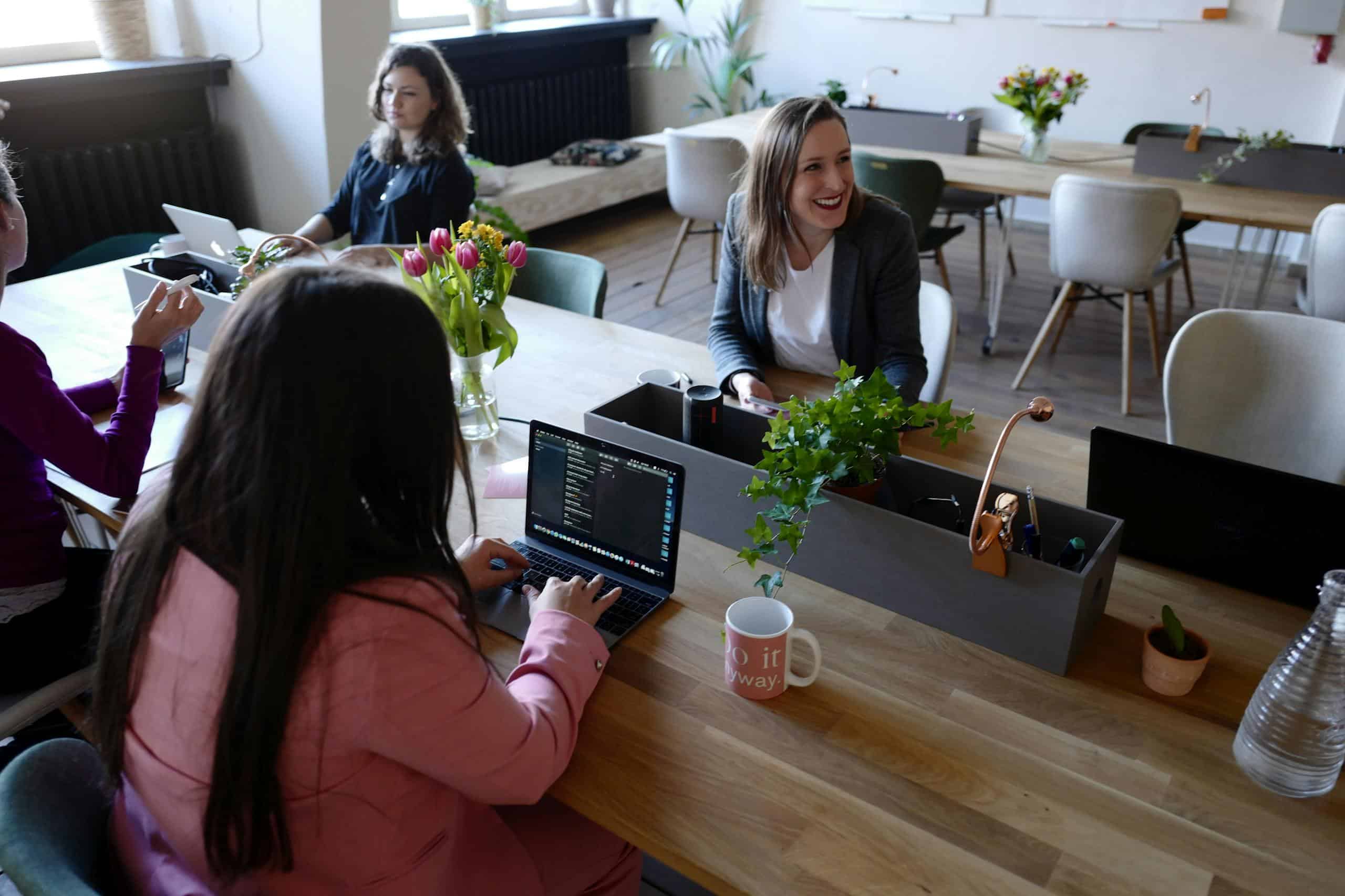Women collaborating in a modern office environment with laptops and indoor plants, fostering teamwork while bookkeeping.